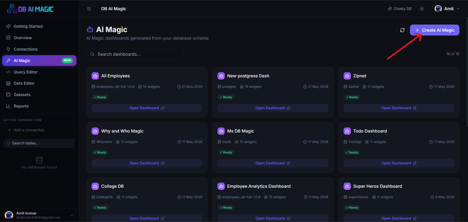 Create AI Magic modal — connection, database, optional description.